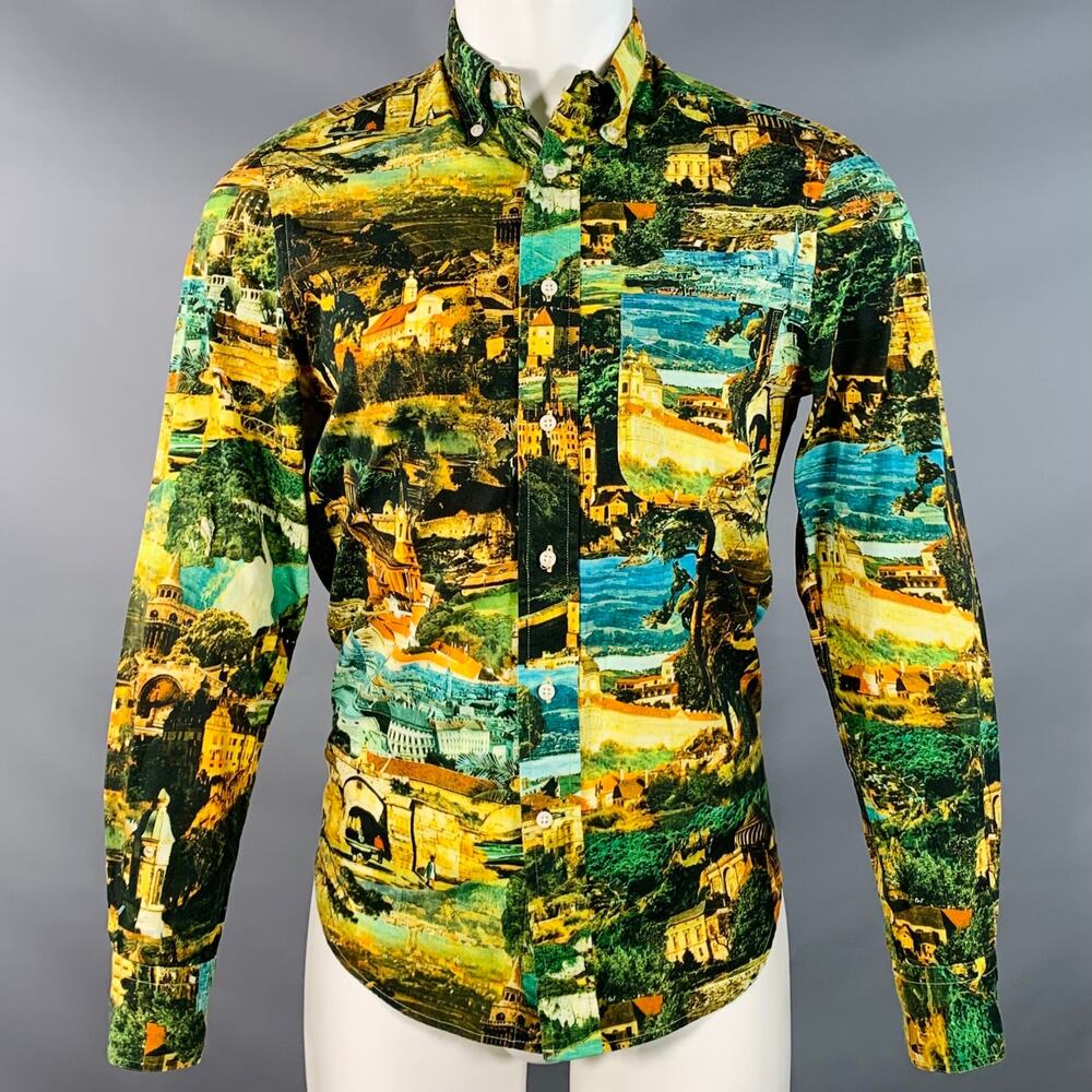 Size S Yellow Green Italy Print Cotton Button Down Collar Long Sleeve Shirt